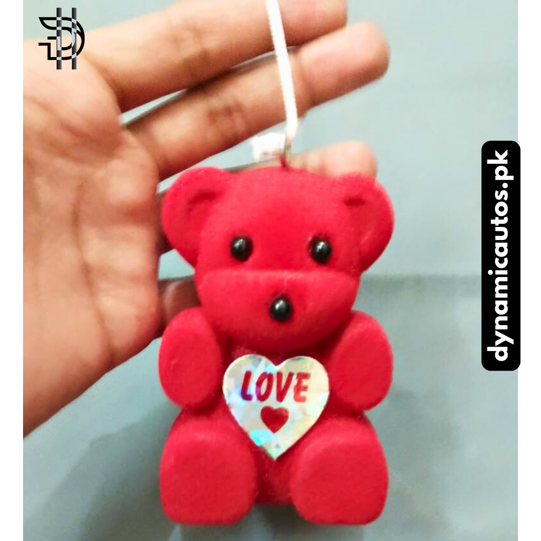 Red Teddy Bear Car Interior Hanging | 4 Inch Hard Toy with Love Badge | Rearview Mirror Decor – Cute Car Hanging | 1Pcs