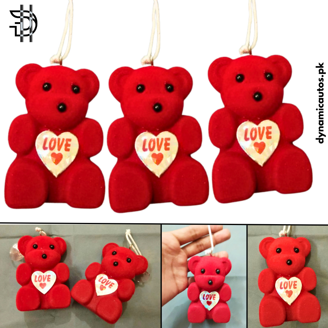 Red Teddy Bear Car Interior Hanging | 4 Inch Hard Toy with Love Badge | Rearview Mirror Decor – Cute Car Hanging | 1Pcs
