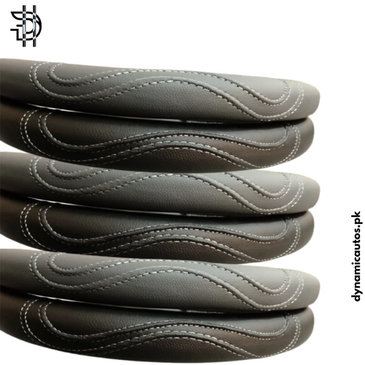 Universal Leather Steering Wheel Cover | Stylish Grip & Fine Stitching – Black & Grey | 1pc