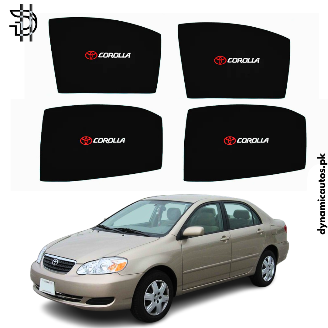 Toyota Corolla 2002–2008 Old Model Custom Fit Side Sunshades with Logo | 4pcs Car Window Shades – Heat & Privacy Protection