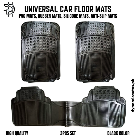 Universal Car Floor Mats | 3Pcs PVC Rubber & Silicone Mats | Non-Slip, Waterproof, Trim-to-Fit | Black