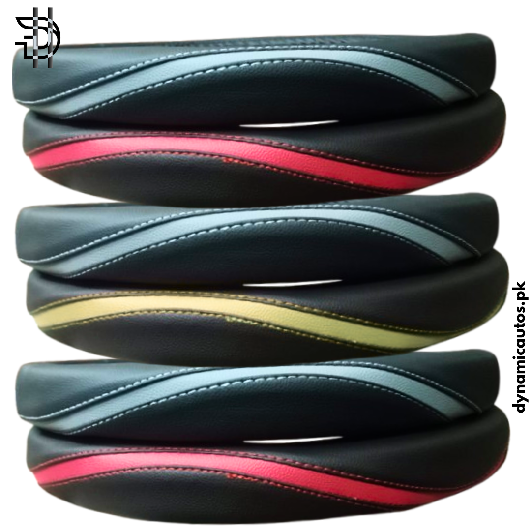 Universal Leather Steering Wheel Cover | Stylish Grip, Fine Stitching | Zig Zag Dual Color Design – Black and Red, Black and Grey, Black and Beige | 1Pc