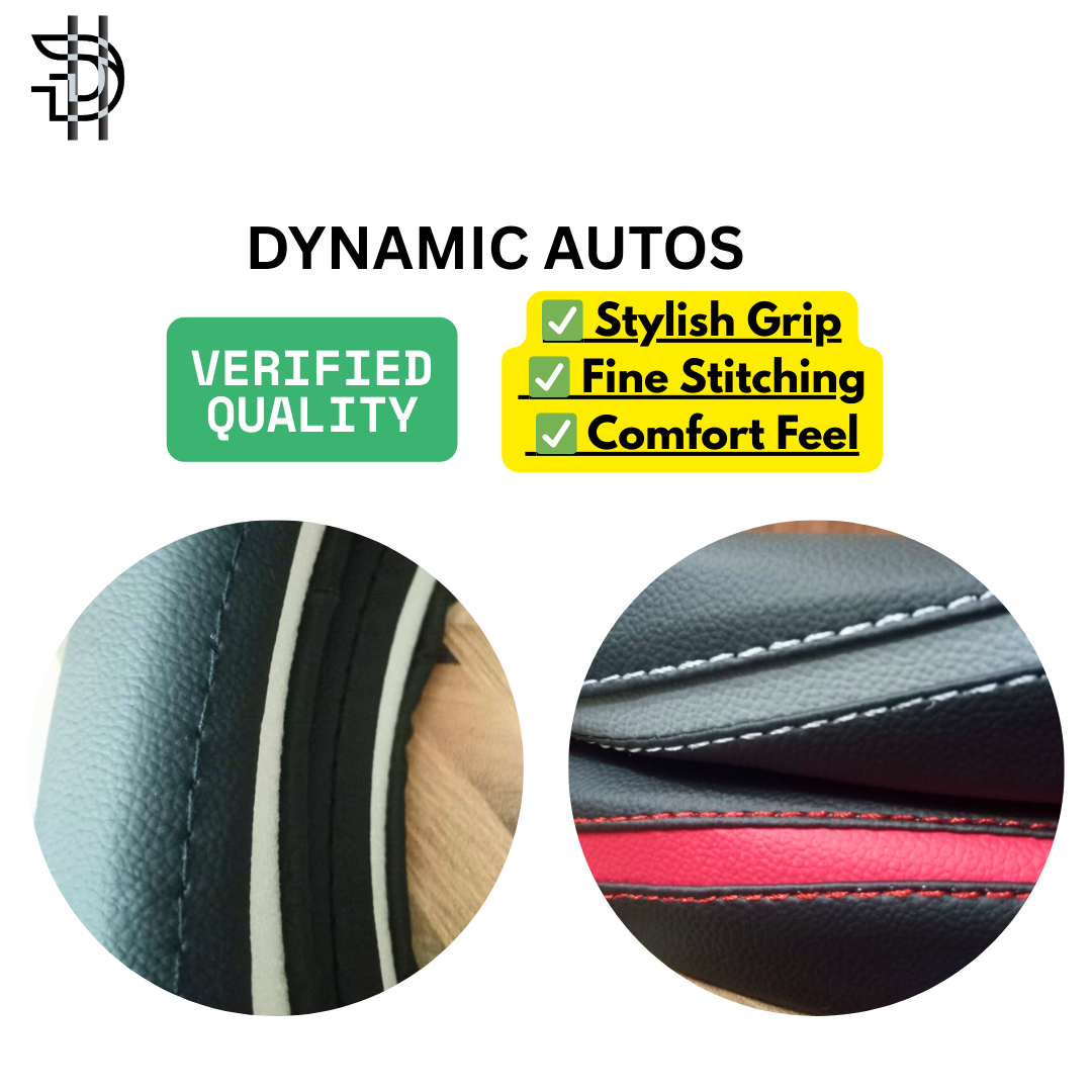 Universal Leather Steering Wheel Cover | Stylish Grip, Fine Stitching | Zig Zag Dual Color Design – Black and Red, Black and Grey, Black and Beige | 1Pc