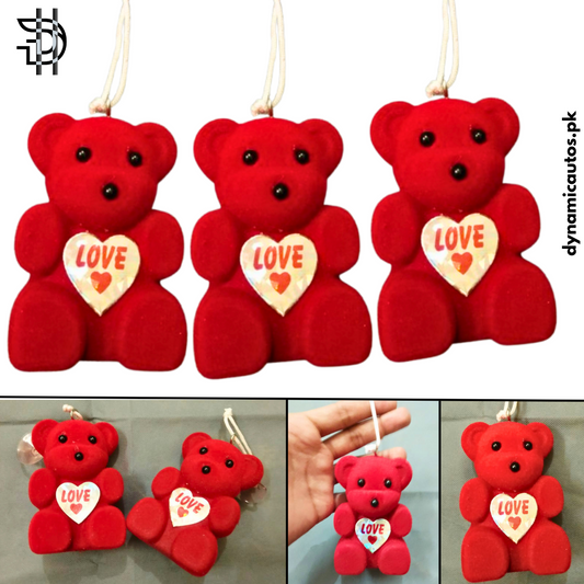 Red Teddy Bear Car Interior Hanging | 4 Inch Hard Toy with Love Badge | Rearview Mirror Decor – Cute Car Hanging | 1Pcs