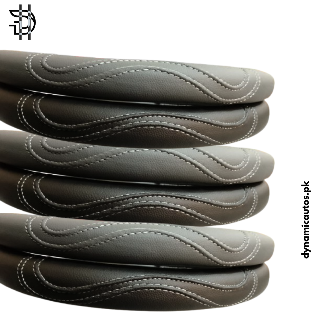 Universal Leather Steering Wheel Cover | Stylish Grip & Fine Stitching – Black & Grey | 1pc