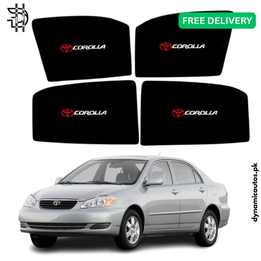 Toyota Corolla 2002–2008 Old Model Custom Fit Side Sunshades with Logo | 4pcs Car Window Shades – Heat & Privacy Protection