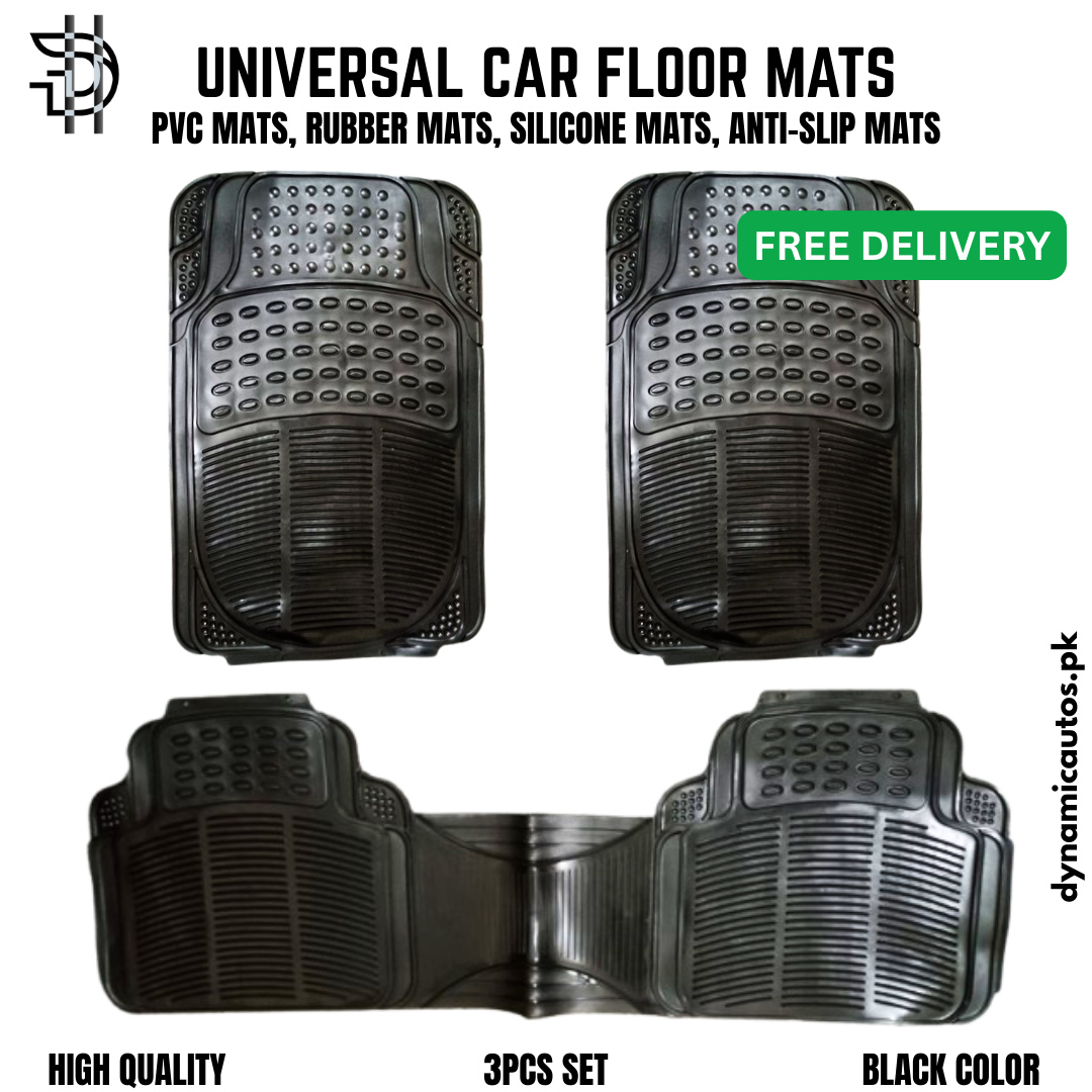 Universal Car Floor Mats | 3Pcs PVC Rubber & Silicone Mats | Non-Slip, Waterproof, Trim-to-Fit | Black