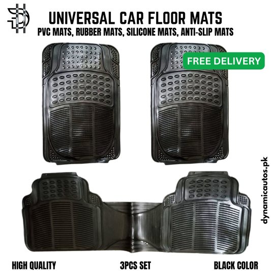 Universal Car Floor Mats | 3Pcs PVC Rubber & Silicone Mats | Non-Slip, Waterproof, Trim-to-Fit | Black