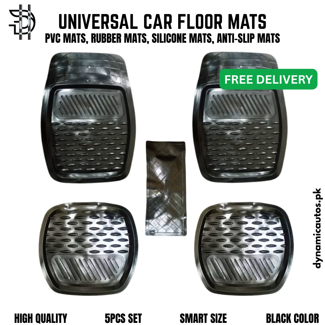 5Pcs Universal Silicone Car Floor Mats | Washable, Anti-Slip, Trim-to-Fit | Smart Size for Alto, Cultus, Swift, Wagon R & Other Small Cars