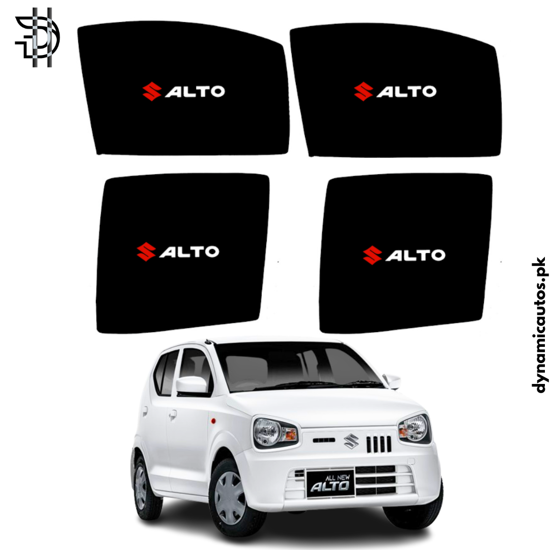 Suzuki Alto New Model 2019–2025 Side Sunshades with Logo | Custom Fit Car Window Shades – 4pcs Set