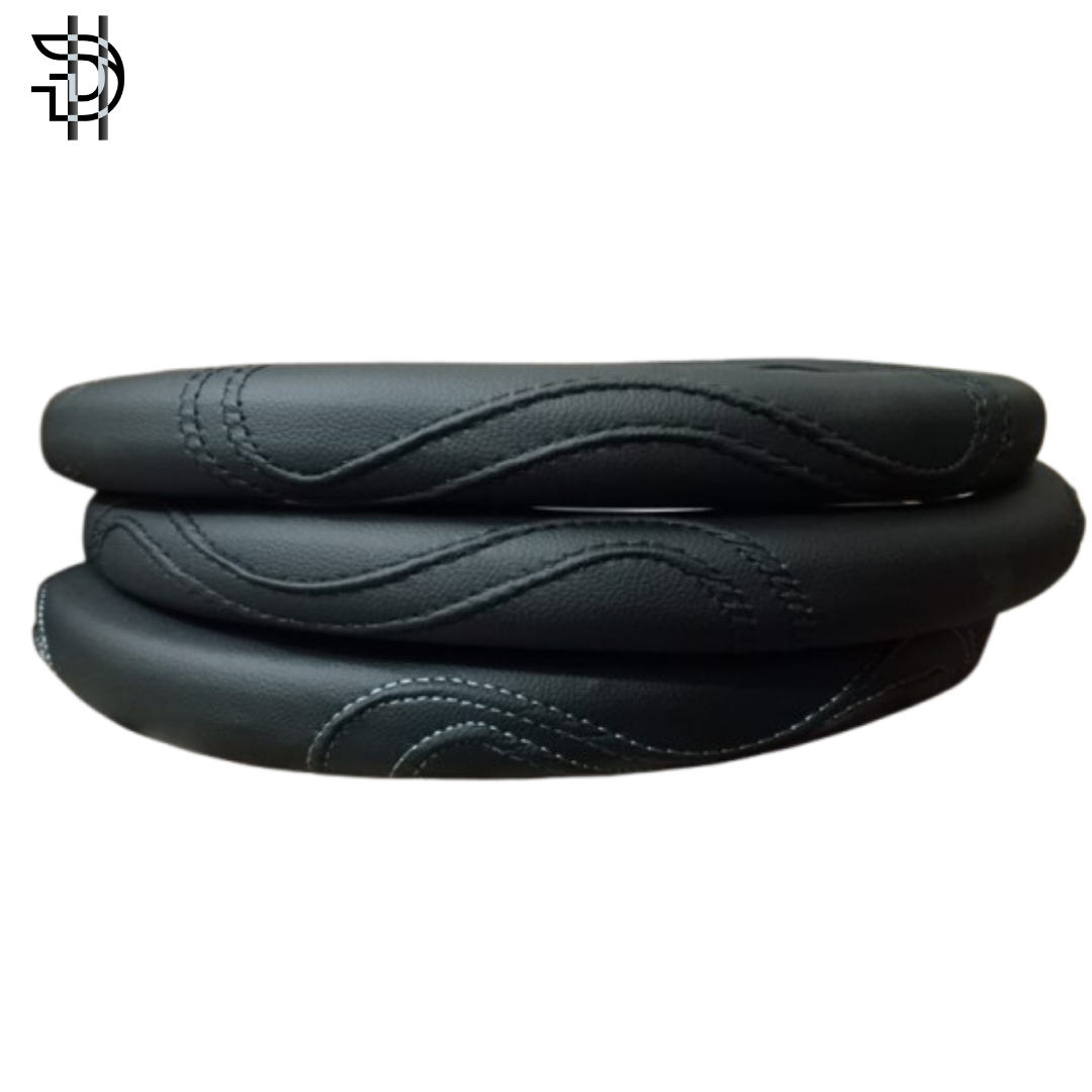 Universal Leather Steering Wheel Cover | Stylish Grip & Fine Stitching – Black & Grey | 1pc