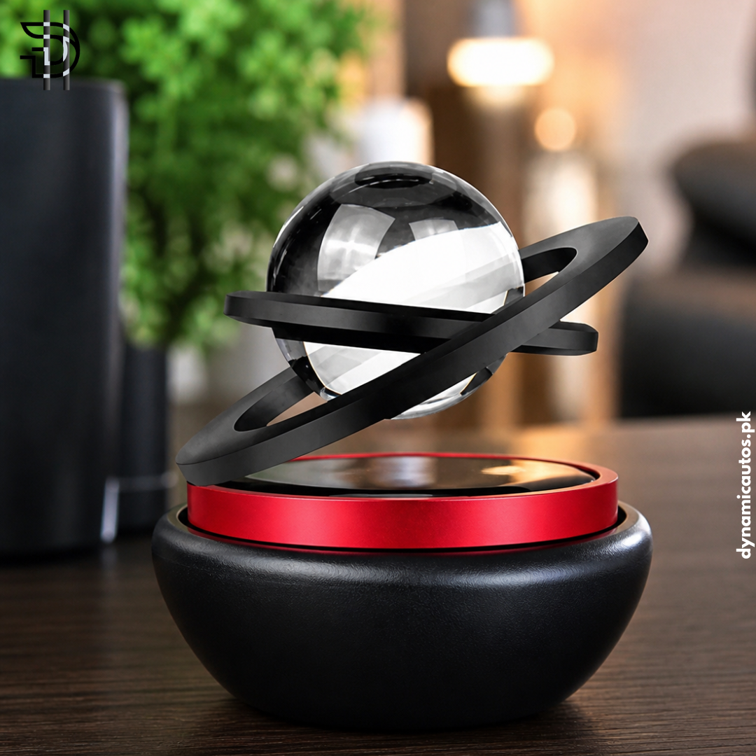Solar Rotating Double-Ring with Crystal Ball Car Air Freshener | Solar Powered Spiral Rotation Car Ornament | Premium Dashboard Decoration | Multicolor