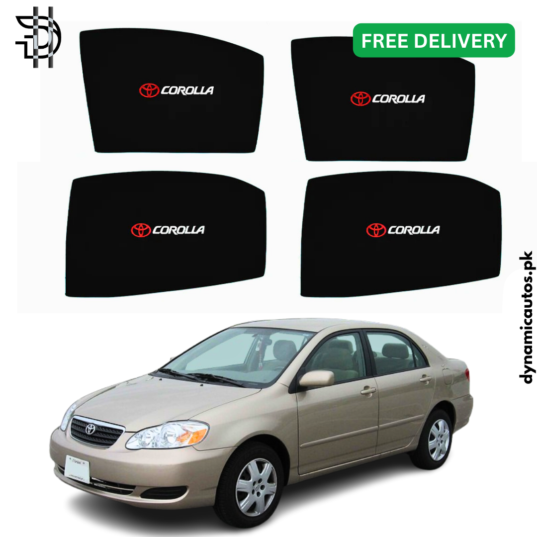 Toyota Corolla 2002–2008 Old Model Custom Fit Side Sunshades with Logo | 4pcs Car Window Shades – Heat & Privacy Protection