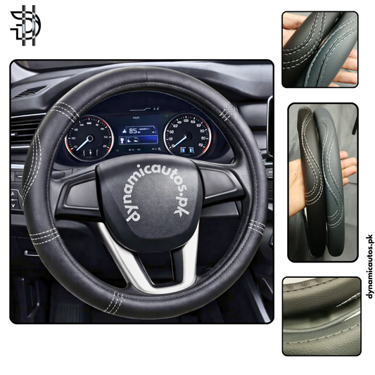 Universal Leather Steering Wheel Cover for Cars | Stylish & Comfortable Grip | High Quality | Black & Grey | 1Pcs