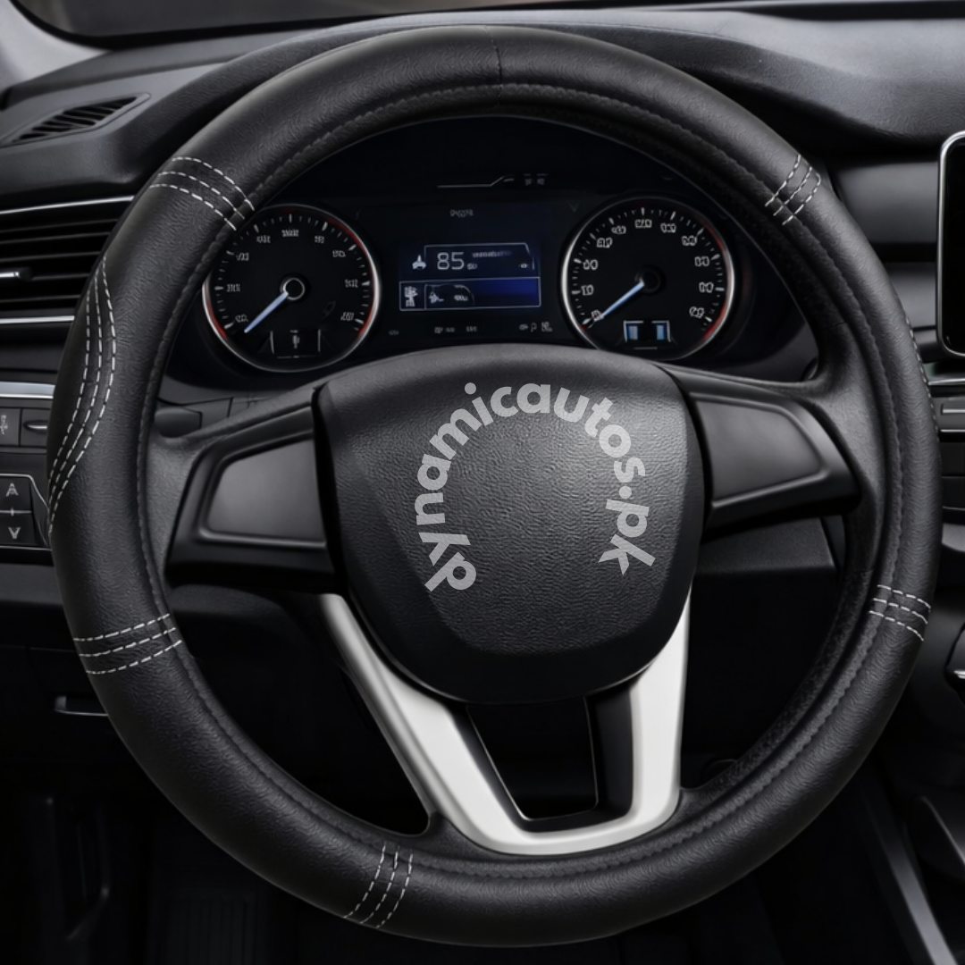 Universal Leather Steering Wheel Cover for Cars | Stylish & Comfortable Grip | High Quality | Black & Grey | 1Pcs