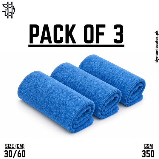 Microfiber Cleaning Cloth for Car, Bike, Kitchen & Home - Pack of 3 | 350 G-S-M Soft Towel 30 x 60 cm | Blue Color