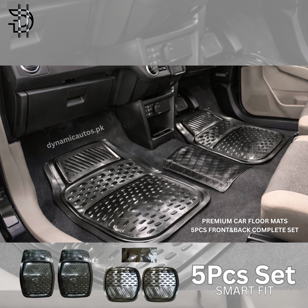 Universal PVC Rubber Car Floor Mats 5Pcs Set | Silicone Car Floor Mats | Premium-Quality | Washable, Anti-Slip, Trim-to-Fit | Smart Size
