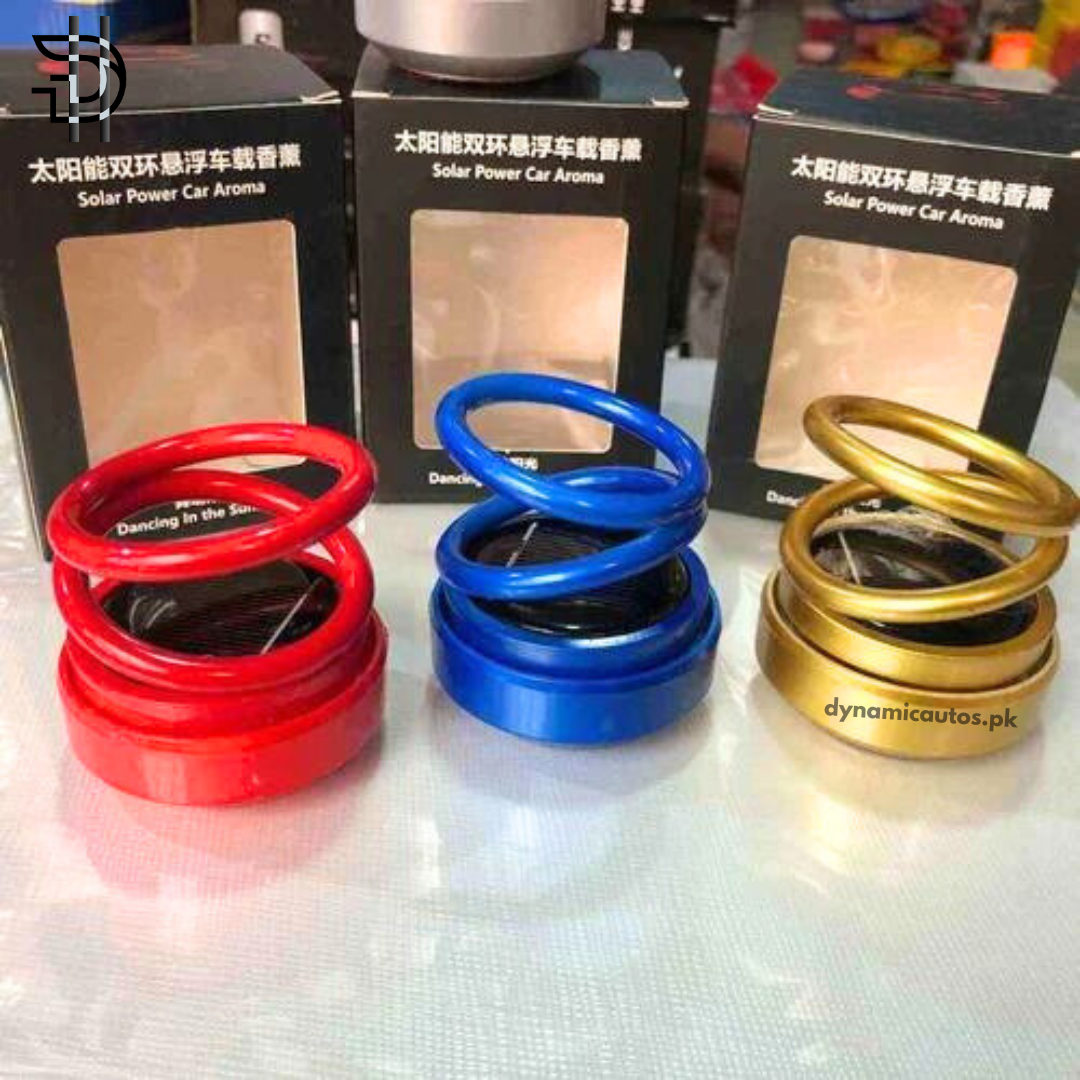 Rotating Double Ring Car Perfume Air Freshener | Solar Powered Dashboard Fragrance | Multi-Color