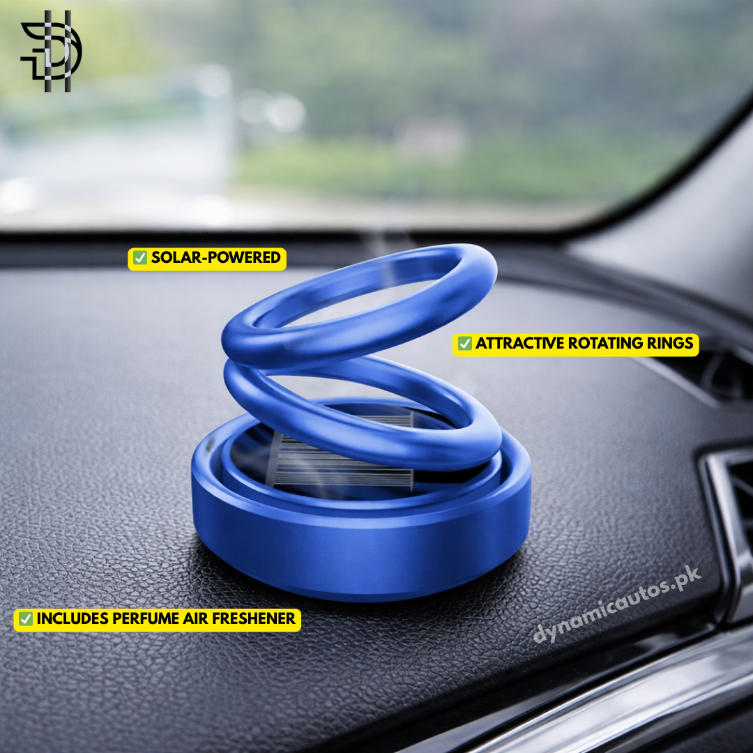 Rotating Double Ring Car Perfume Air Freshener | Solar Powered Dashboard Fragrance | Multi-Color