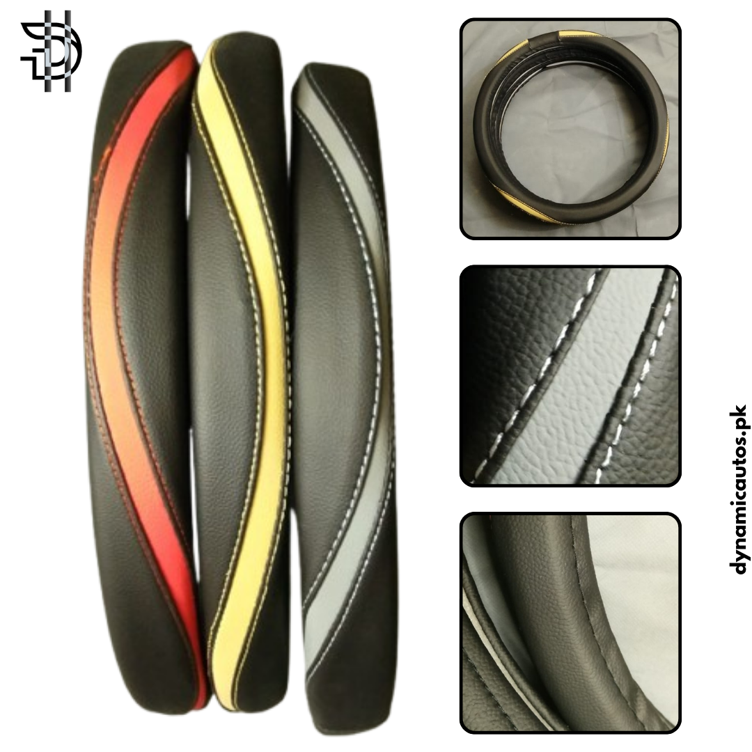 Universal Leather Steering Wheel Cover – Stylish Zig-Zag Dual-Color Stitching | Comfortable Grip – 1Pc