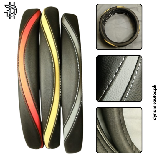 Universal Leather Steering Wheel Cover – Stylish Zig-Zag Dual-Color Stitching | Comfortable Grip – 1Pc