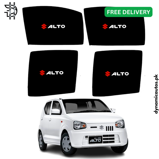 Suzuki Alto New Model 2019–2025 Side Sunshades with Logo | Custom Fit Car Window Shades – 4pcs Set