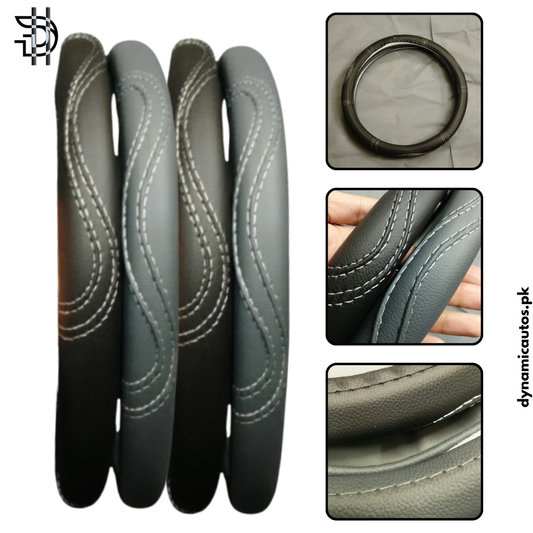 Universal Leather Steering Wheel Cover | Stylish Grip & Fine Stitching – Black & Grey | 1pc