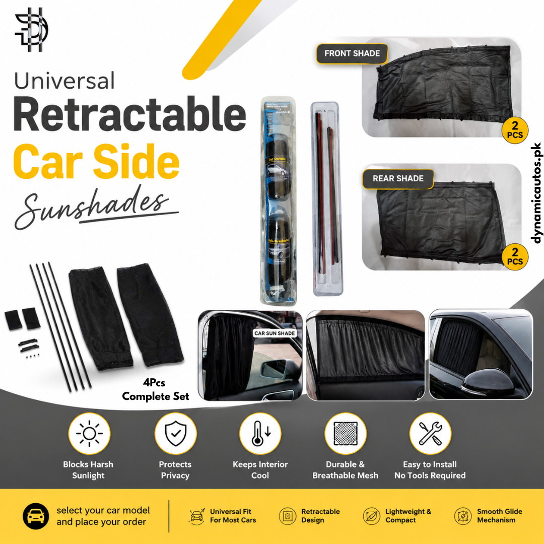 Universal Car Railing Side Window Curtains 4Pcs Complete Set | Universal Car Retractable Side SunShades | Heat Protection and Privacy | High Quality Car Parda