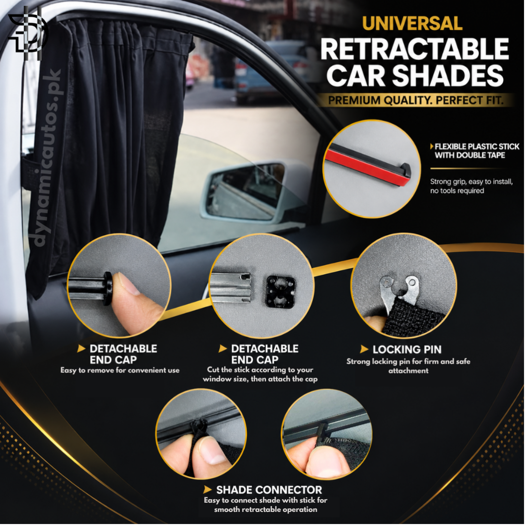 Universal Car Railing Side Window Curtains 4Pcs Complete Set | Universal Car Retractable Side SunShades | Heat Protection and Privacy | High Quality Car Parda