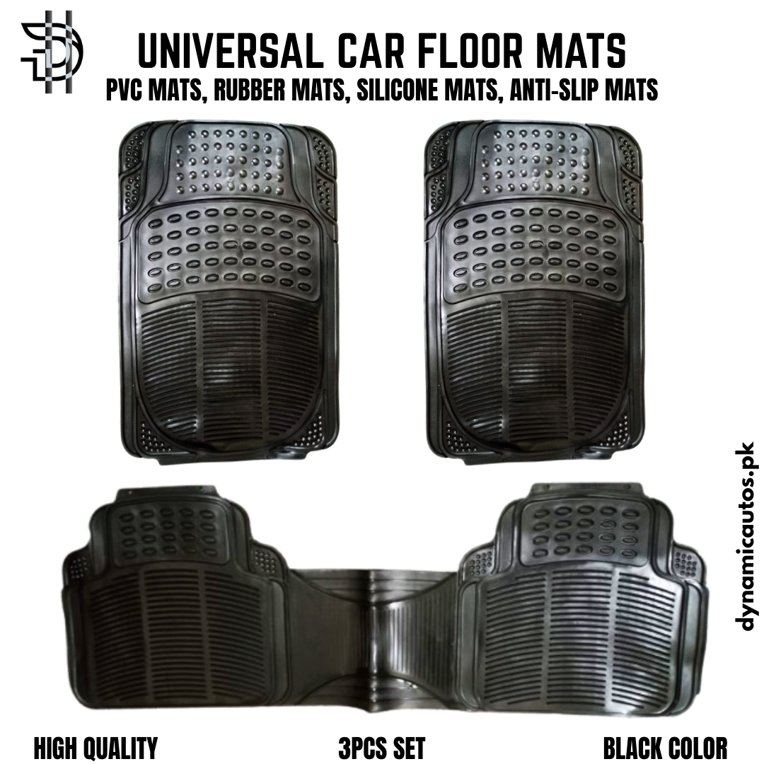 Universal Car Floor Mats | 3Pcs PVC Rubber & Silicone Mats | Non-Slip, Waterproof, Trim-to-Fit | Black