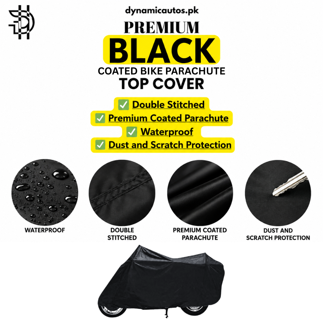 Universal Black Coated Parachute Bike Cover | Waterproof, Scratch & Dust Protection | Bike Parking Coated Parachute Top Cover | 70cc,125cc Bike Cover | Double Stitched | Premium Quality