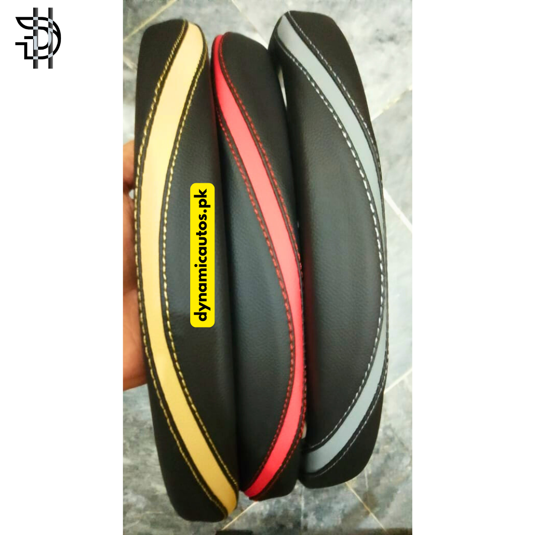 Universal Leather Steering Wheel Cover | Stylish Grip, Fine Stitching | Zig Zag Dual Color Design – Black and Red, Black and Grey, Black and Beige | 1Pc