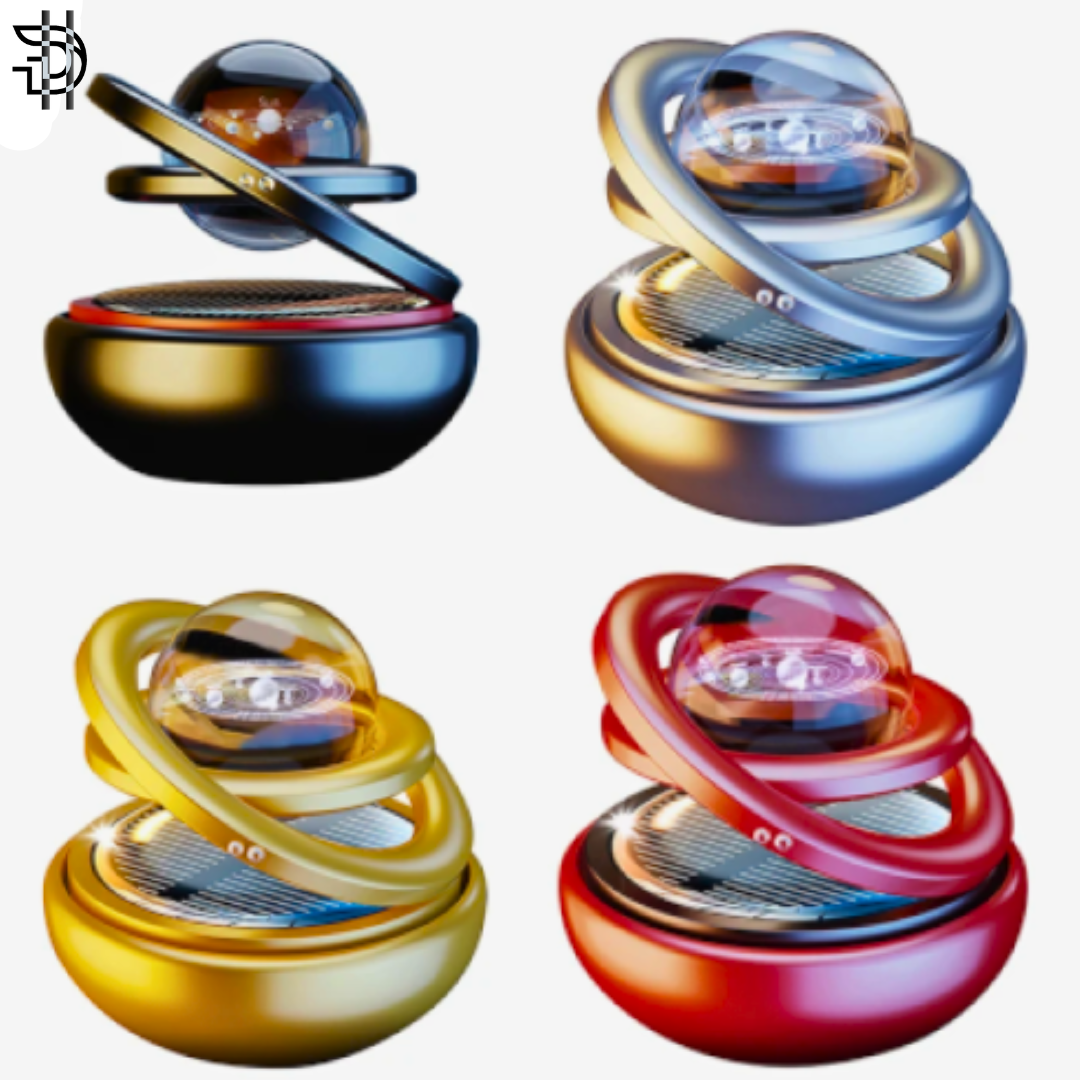 Solar Rotating Double-Ring with Crystal Ball Car Air Freshener | Solar Powered Spiral Rotation Car Ornament | Premium Dashboard Decoration | Multicolor