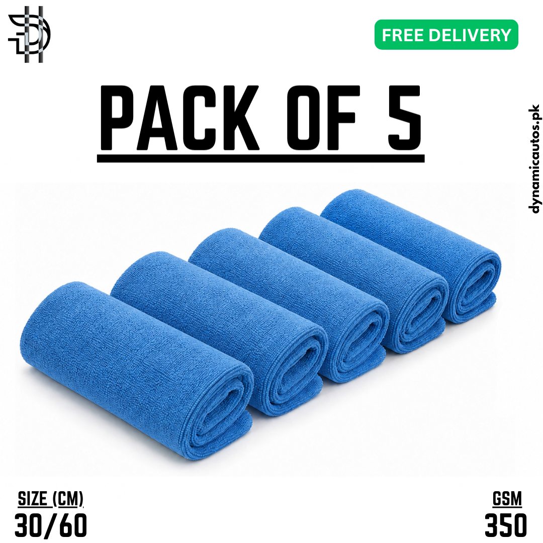 Microfiber Cleaning Cloth for Car, Bike, Kitchen & Home - Pack of 5 | 350 G-S-M Soft Towel 30 x 60 cm | Blue Color